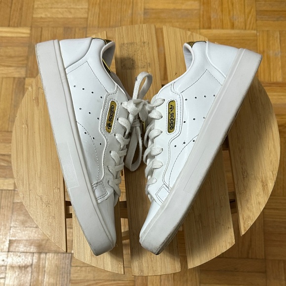 adidas Women's White Patent Sneakers with Gold Accents - Picture 11 of 12